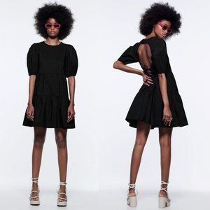 NEW ZARA tiered poplin back open black dress size XS